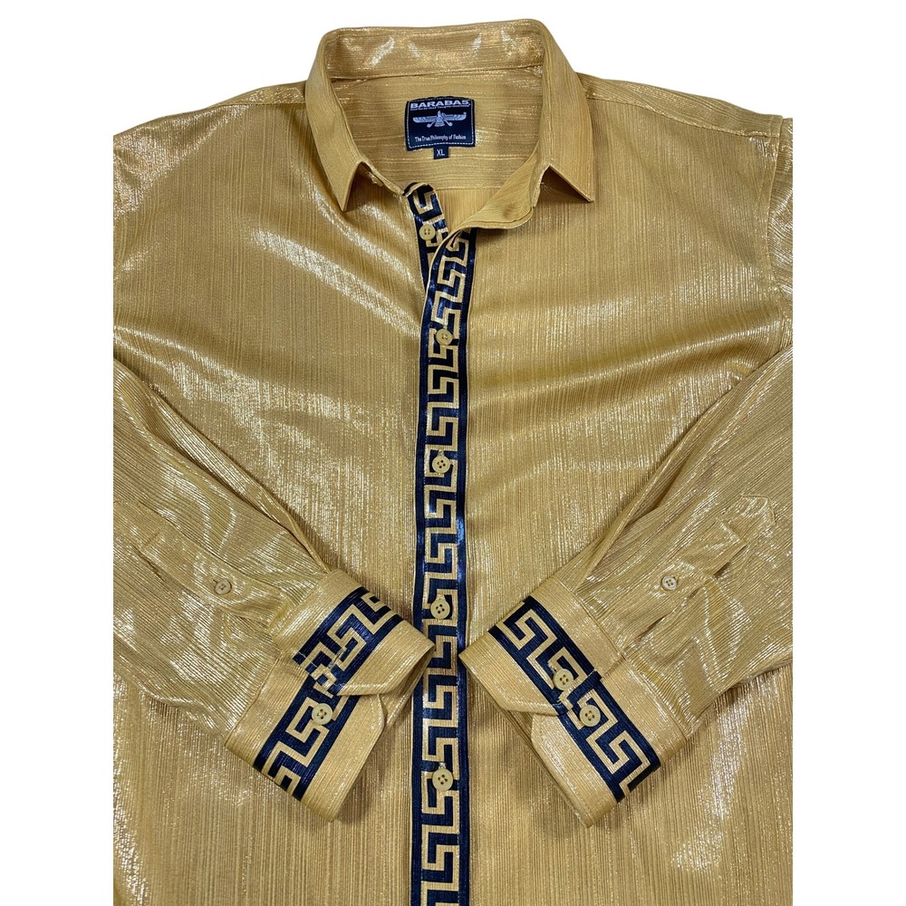 Barabas Mens XL Gold Metallic Greek Key Trim Button Down Shirt Long Sleeve